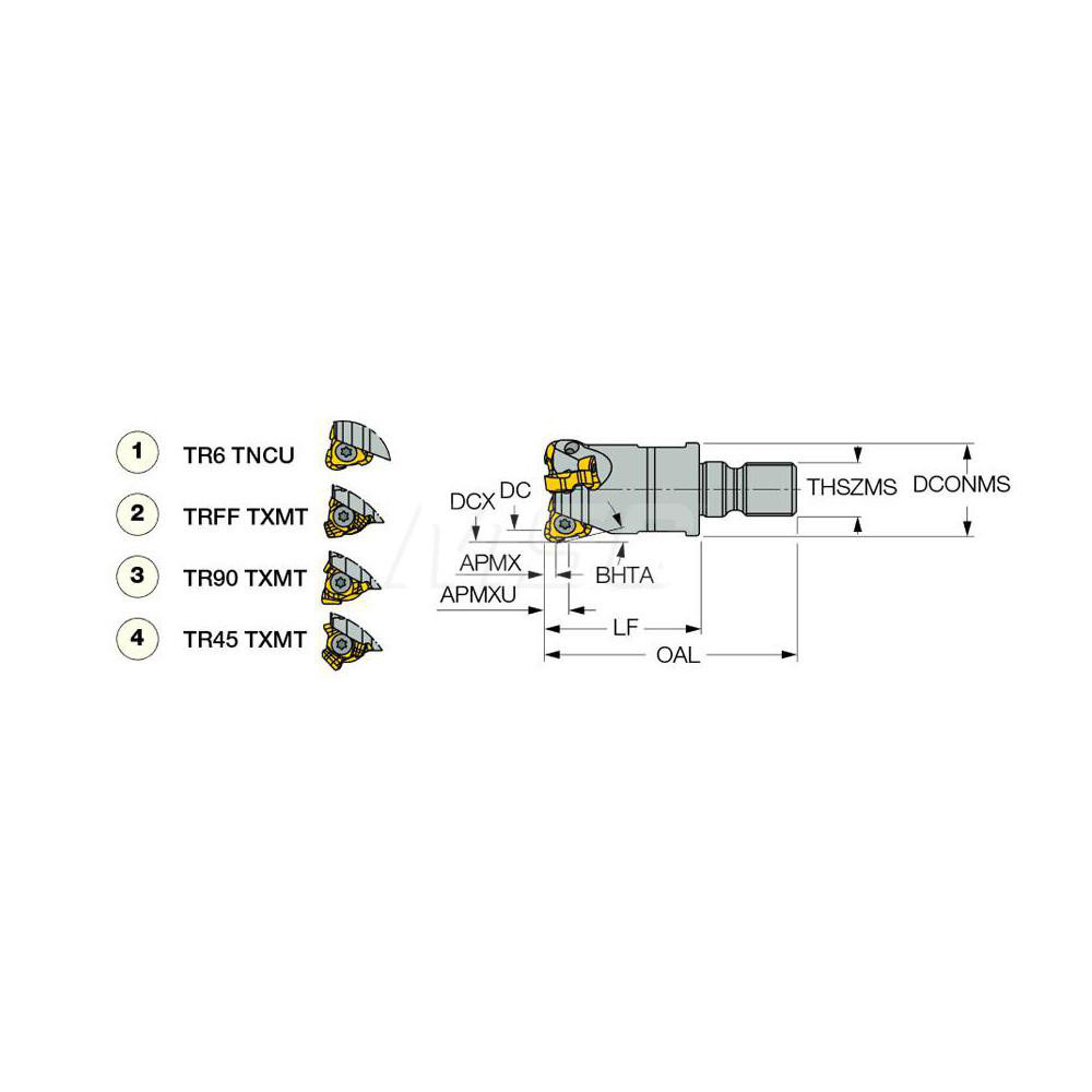 Iscar Indexable Copy End Mill: 1.26" Cut Dia, 0.098" Max Depth of Cut, Through Coolant - 3344364
