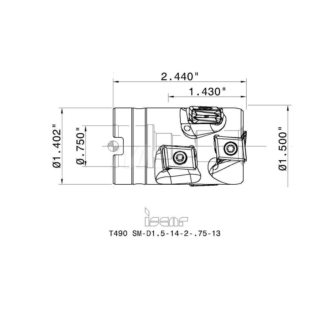 Iscar 1-1/2" Cut Dia, 3/4" Arbor Hole Dia, 1.43" Max Depth, Indexable Square-Shoulder Face Mill - 3181022