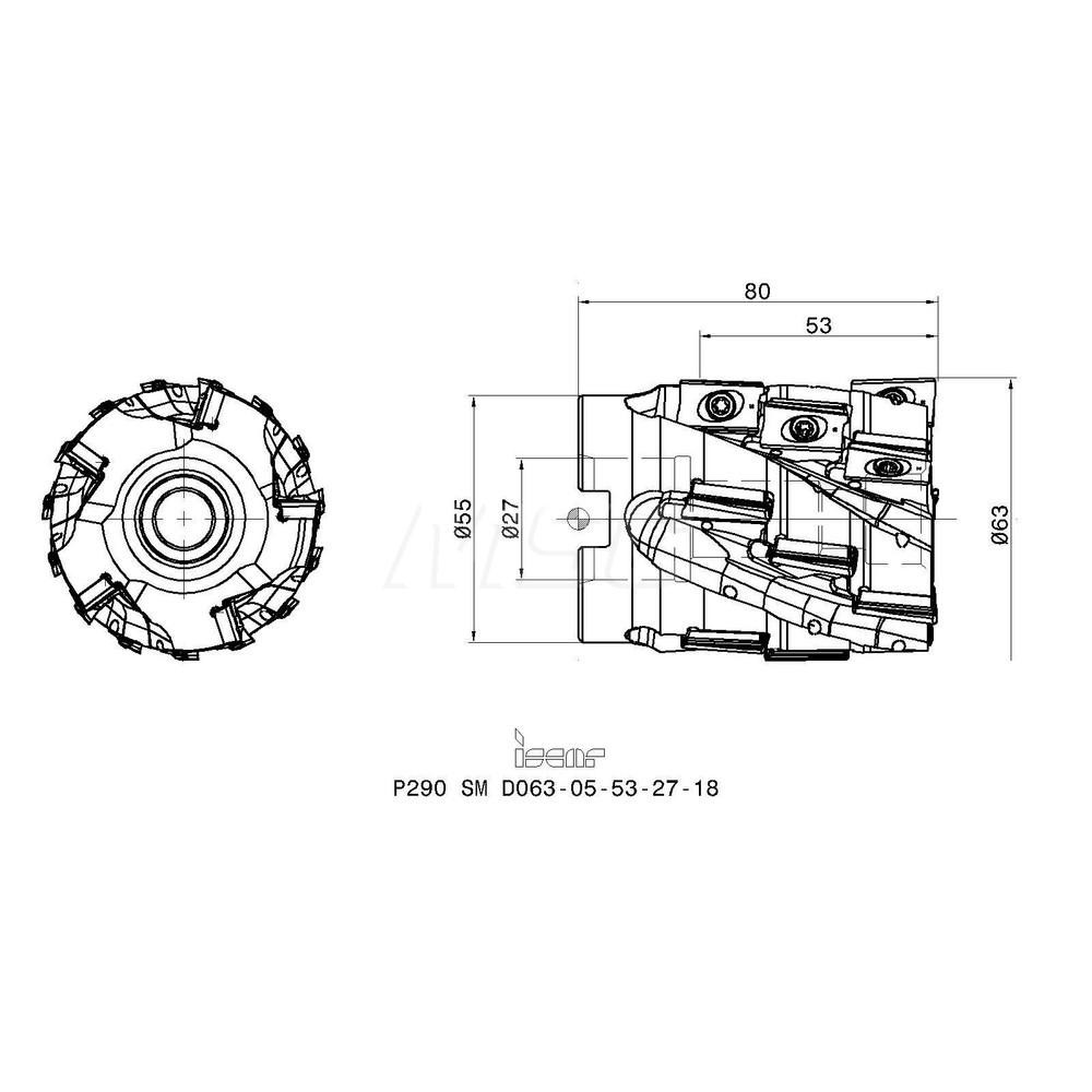 Iscar 63mm Cut Dia, 27mm Arbor Hole Dia, 53mm Max Depth, Indexable Square-Shoulder Face Mill - 3110771
