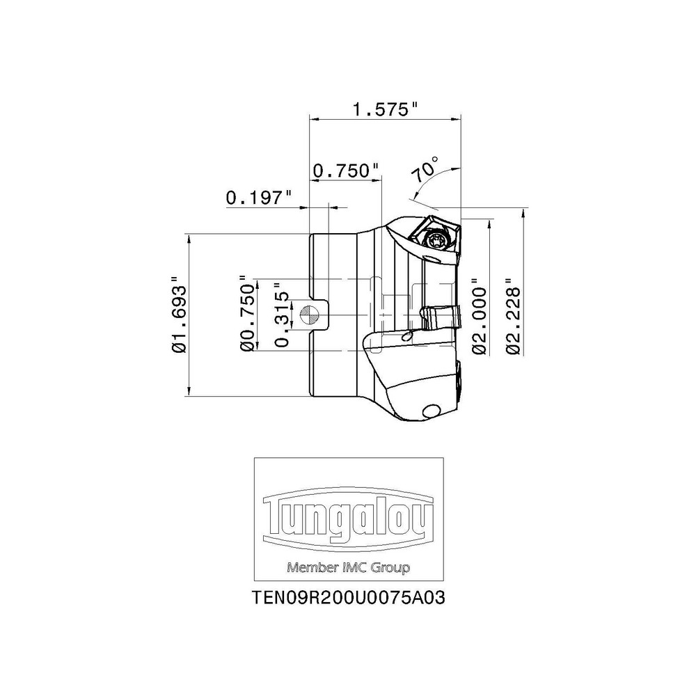 Tungaloy 2" Cut Dia, 3/4" Arbor Hole Dia, Indexable Square-Shoulder Face Mill - 6892207
