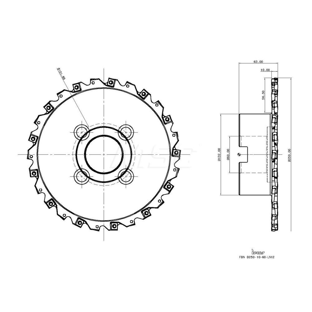 Iscar Indexable Slotting Cutter: 12.00 mm Cutting Width, 250.00 mm Cutter Dia, Shell Mount C Connection, 56.50 mm Depth of Cut, 56.50 mm Depth of Cut, 60.00 mm Shank Dia - 3181078