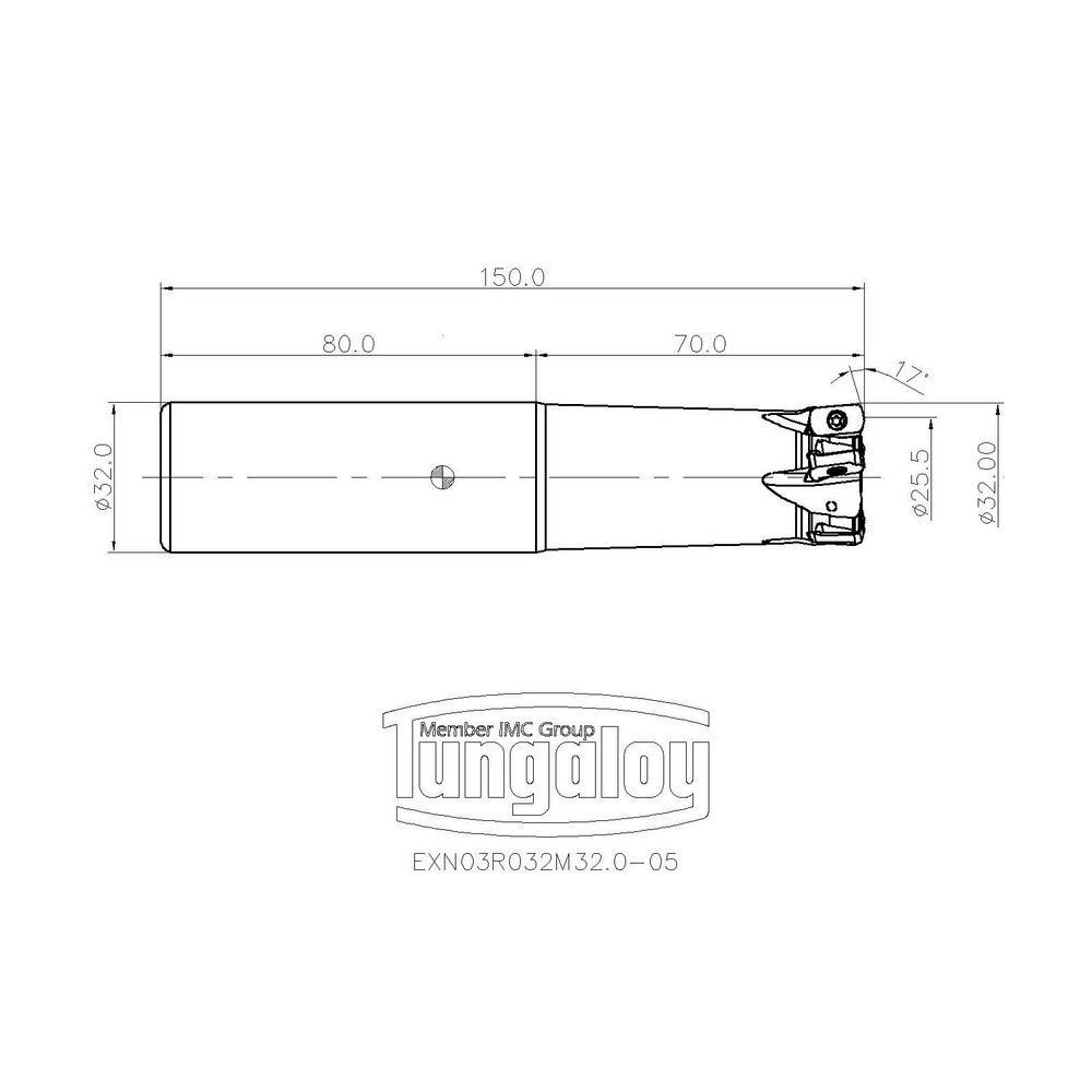 Tungaloy Indexable High-Feed End Mill: EXN03R032M32.0-05, Cylindrical Shank - 6715180