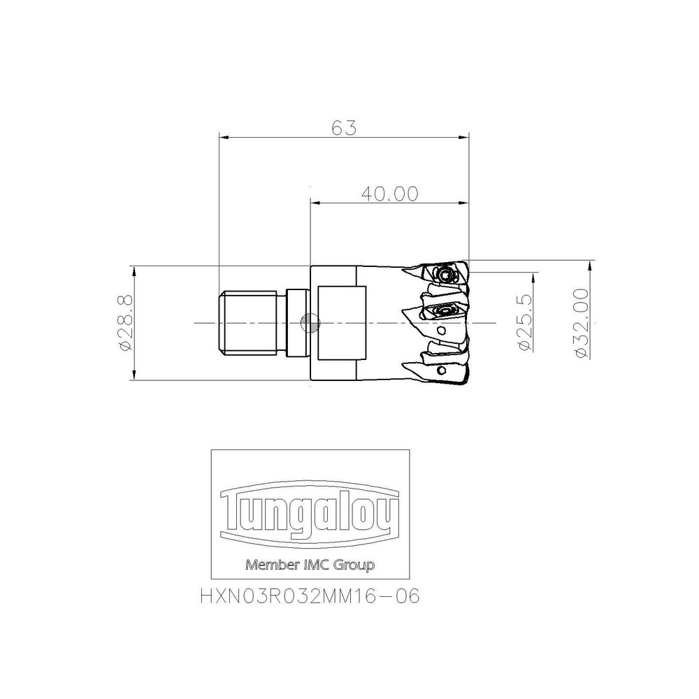 Tungaloy Indexable High-Feed End Mill: HXN03R032MM16-06, 32.00 mm Cut Dia, Modular Connection Shank - 6990880