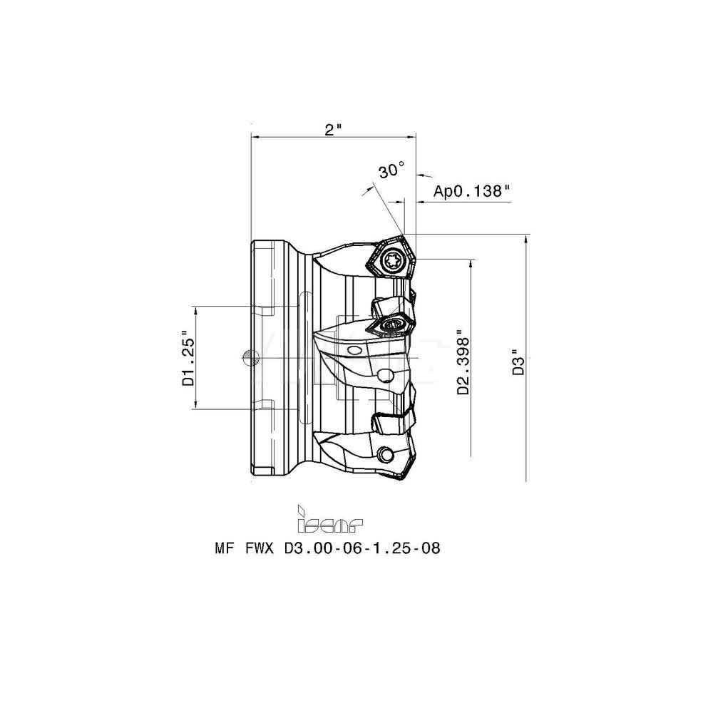 Iscar 2.398" Cut Dia, 1-1/4" Arbor Hole, 0.138" Max Depth of Cut, 30° Indexable Chamfer & Angle Face Mill - 3106030