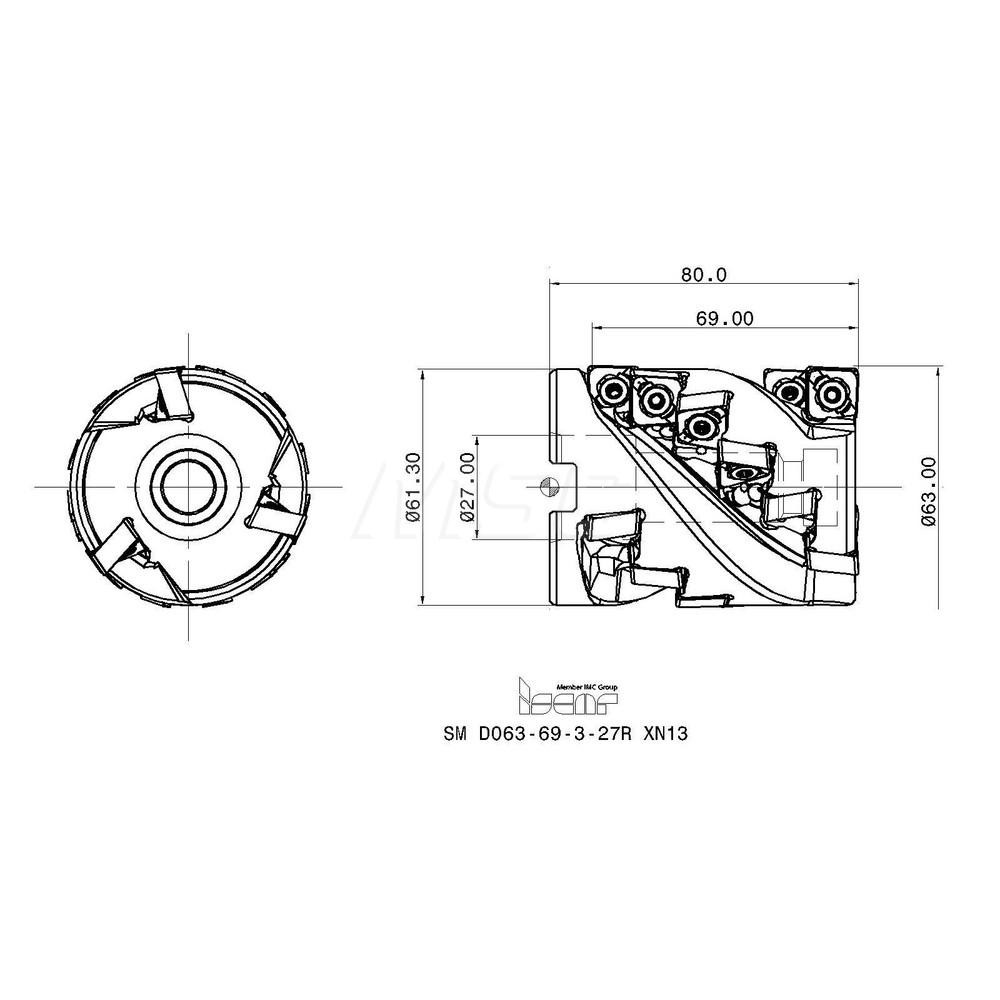 Iscar 63mm Cut Dia, 27mm Arbor Hole Dia, 69mm Max Depth, Indexable Square-Shoulder Face Mill - 3107274