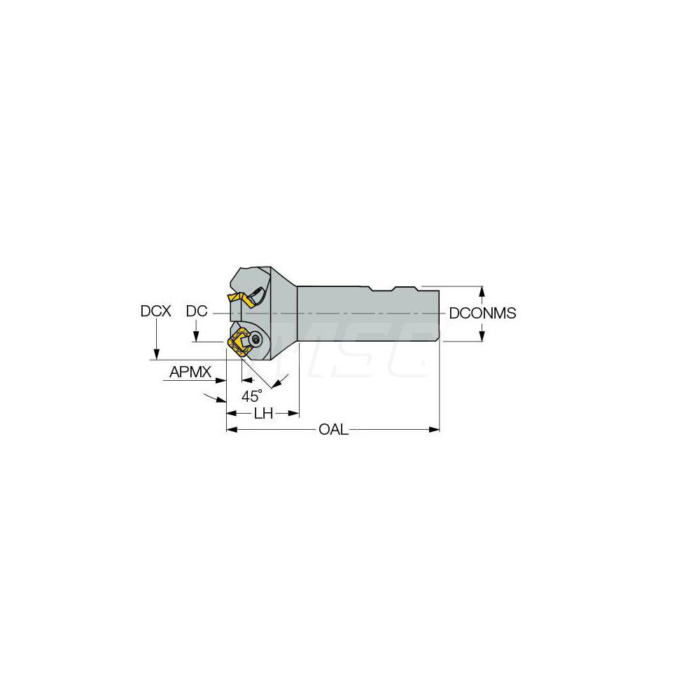 Iscar 45° Lead Angle, 1" to 2.7" Cut Dia, 3/4" Shank Dia, Indexable & Chamfer End Mill - 3100022