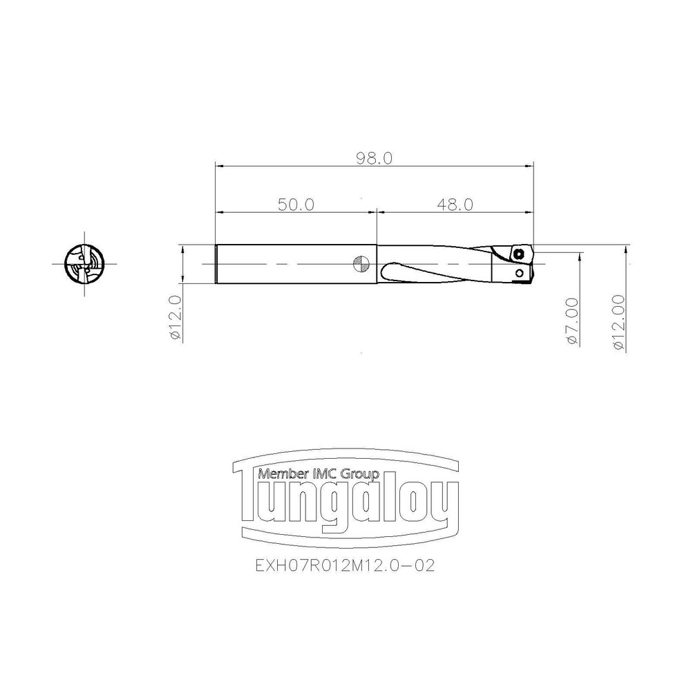Tungaloy Indexable High-Feed End Mill: EXH07R012M12.0-02, Cylindrical Shank - 6852774