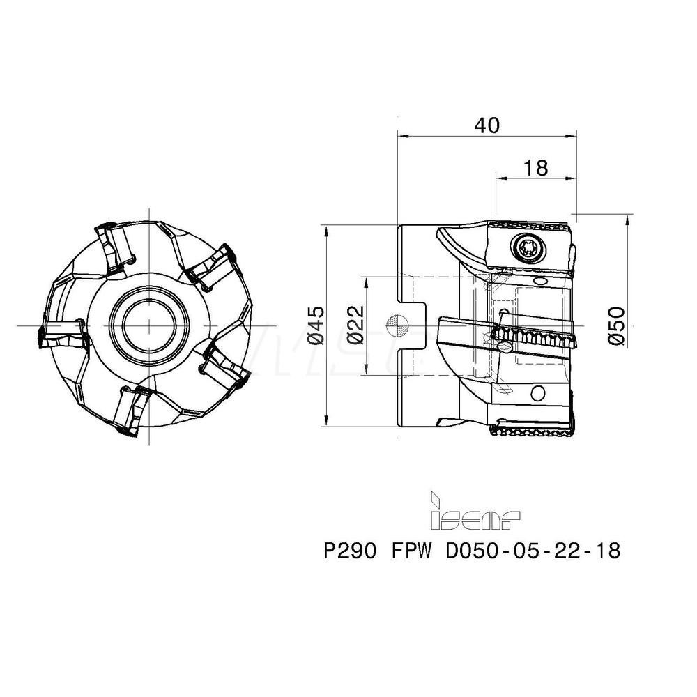 Iscar 50mm Cut Dia, 22mm Arbor Hole Dia, 18mm Max Depth, Indexable Square-Shoulder Face Mill - 3110768