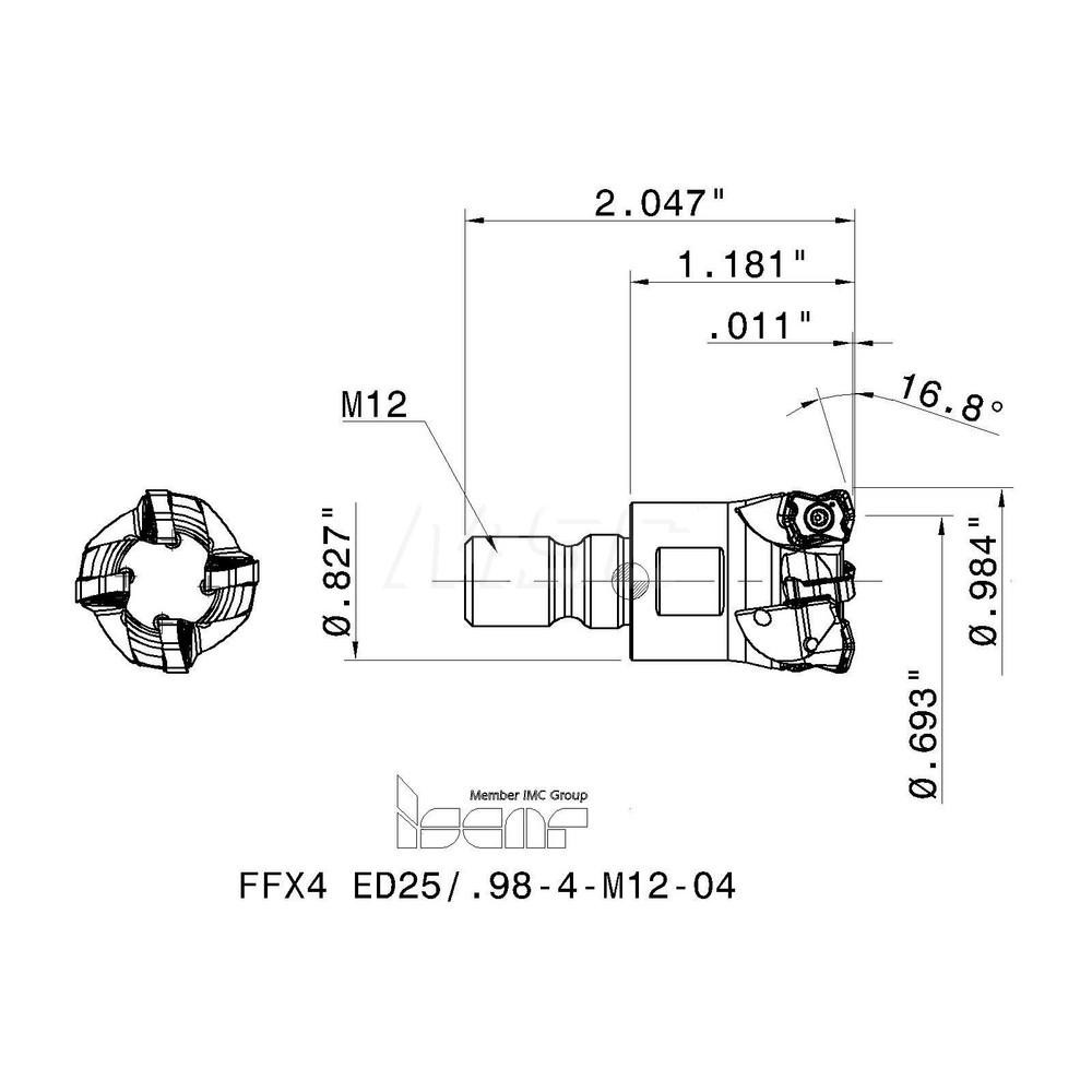 Iscar Indexable High-Feed End Mill: FFX4ED25.98-4-M12-04, 17.60 mm Cut Dia, Modular Connection Shank - 3336690