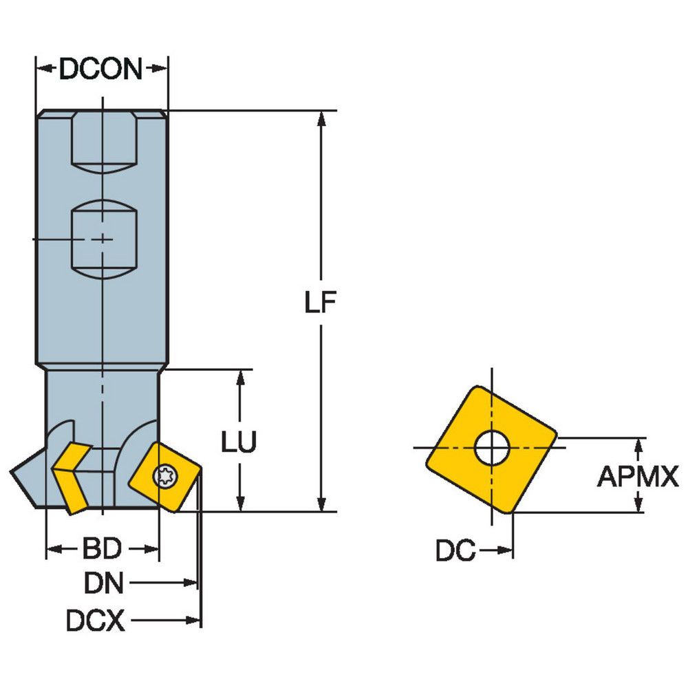 Kennametal 45° Lead Angle, 0.95" to 1.387" Cut Dia, Indexable & Chamfer End Mill - 1023677