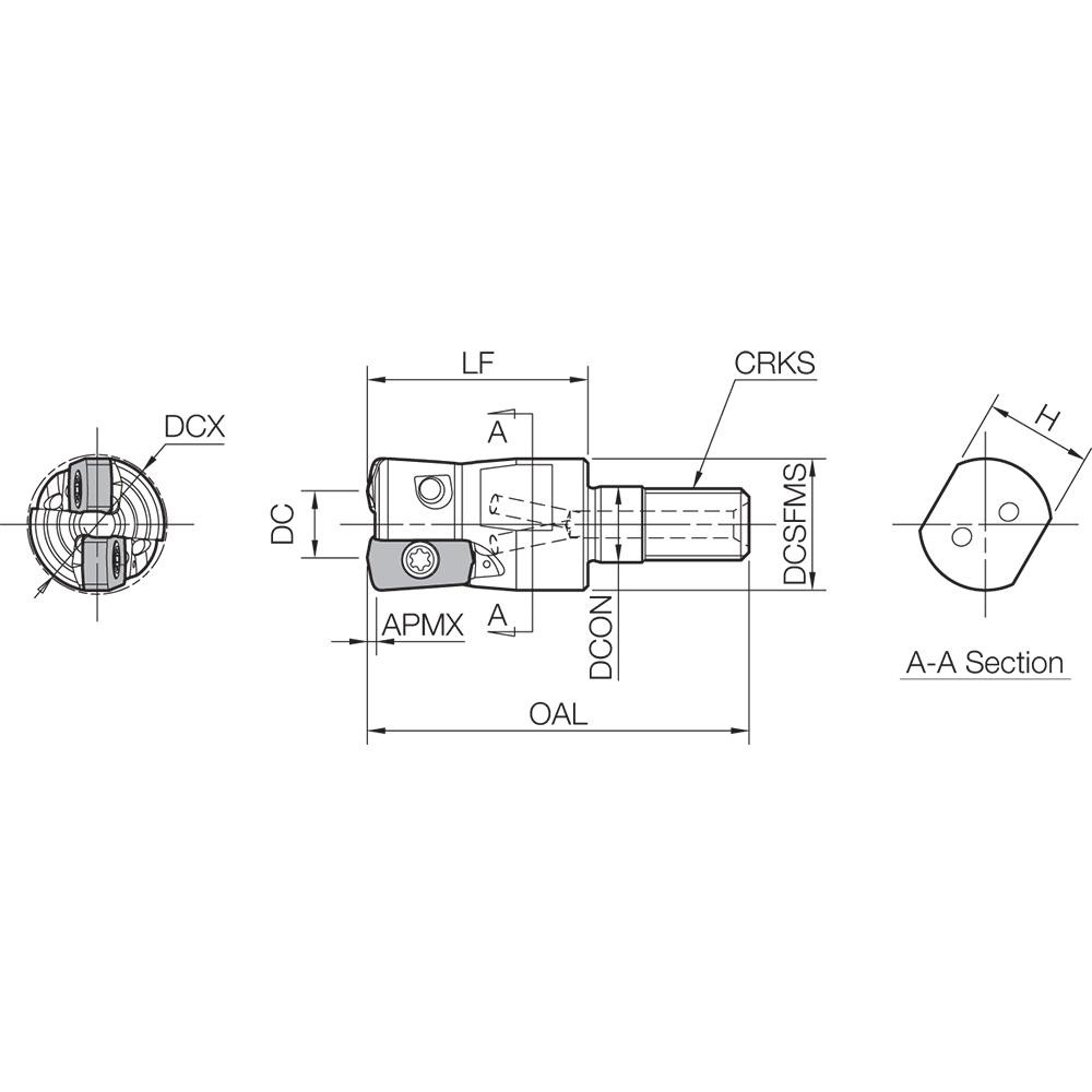 Kyocera Indexable High-Feed End Mill: MFH1000M12035T, 1" Cut Dia, Modular Connection Shank - THN07575