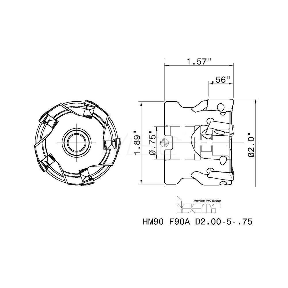 Iscar 2" Cut Dia, 3/4" Arbor Hole Dia, 0.56" Max Depth, Indexable Square-Shoulder Face Mill - 3102118