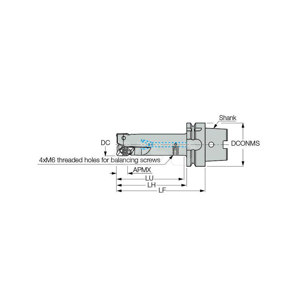 Iscar Indexable Square-Shoulder End Mill: HM90EAL32L100HSK63A16, 32 mm Cut Dia, 15.8 mm Max Depth of Cut, HSK-A63 Taper Shank - 3103162