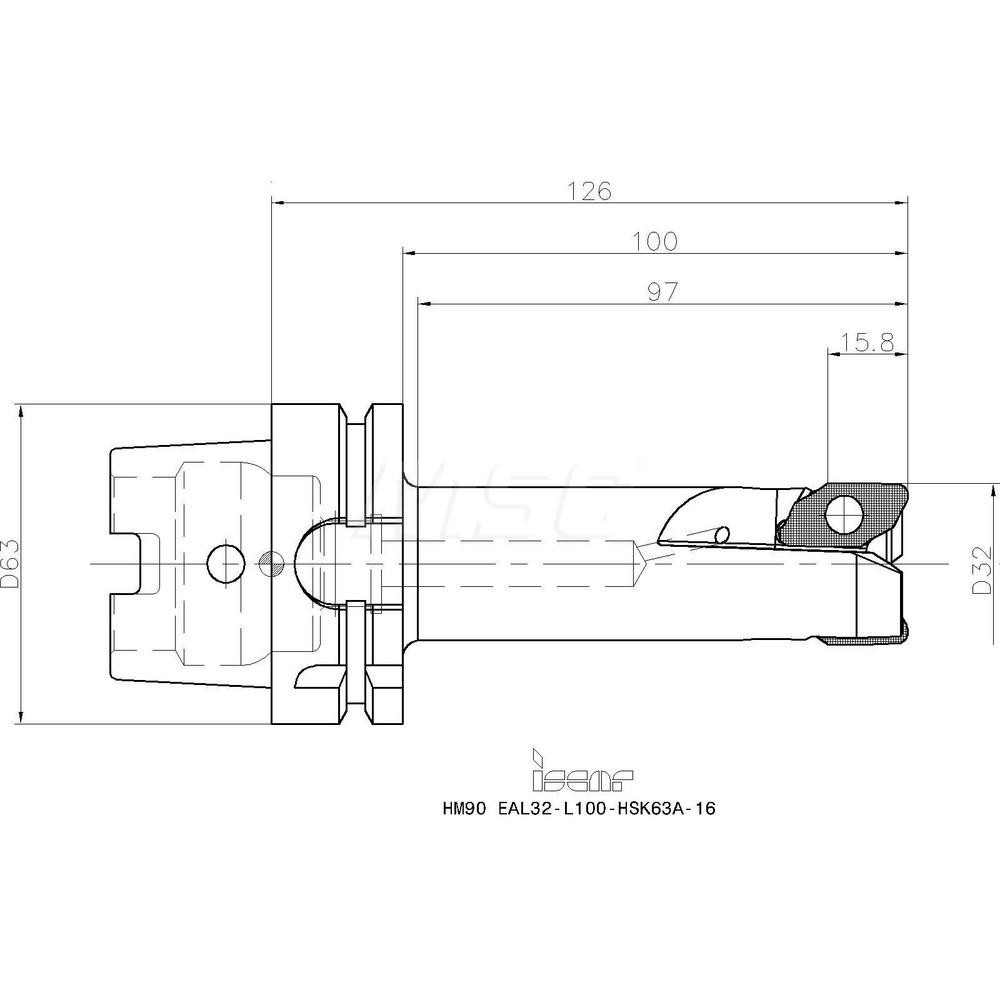 Iscar Indexable Square-Shoulder End Mill: HM90EAL32L100HSK63A16, 32 mm Cut Dia, 15.8 mm Max Depth of Cut, HSK-A63 Taper Shank - 3103162