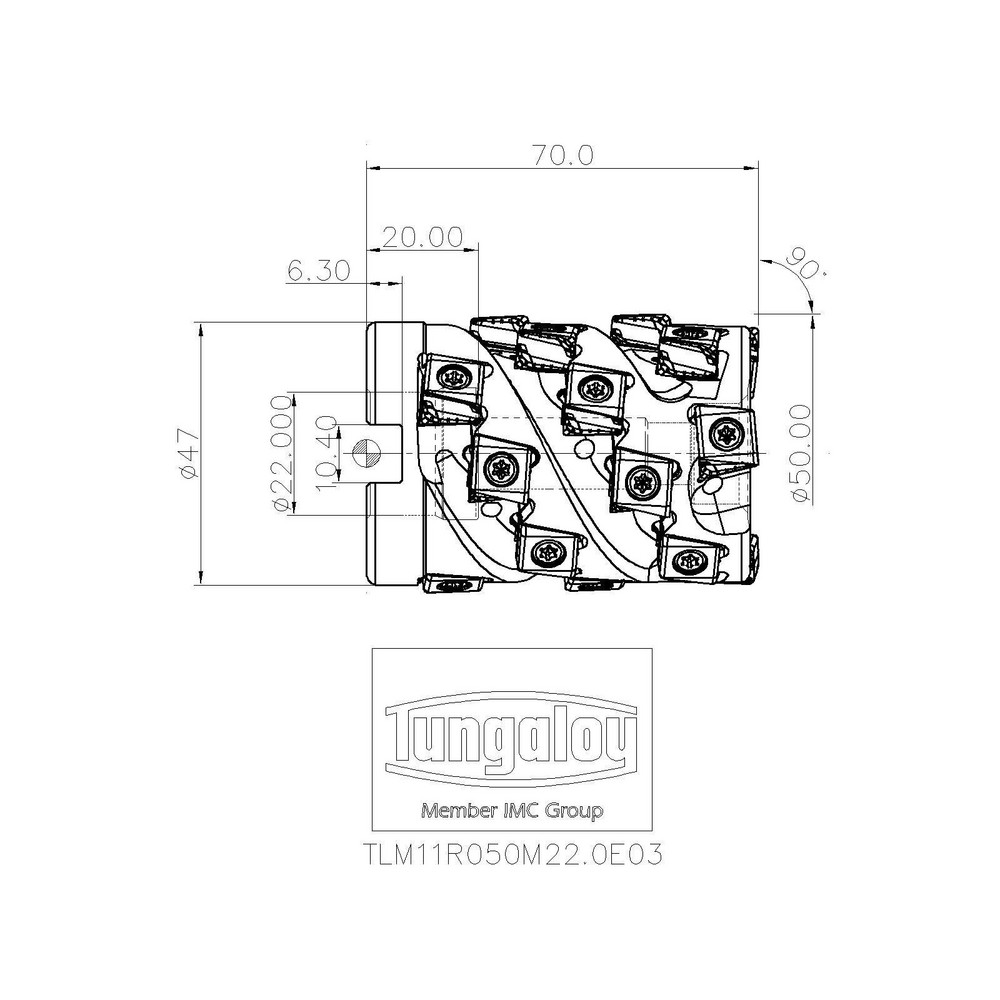 Tungaloy 50mm Cut Dia, 22mm Arbor Hole Dia, 58.5mm Max Depth, Indexable Square-Shoulder Face Mill - 6888778