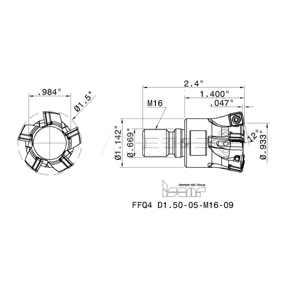 Iscar Indexable High-Feed End Mill: FFQ4D1.50-05-M16-09, 1-1/2" Cut Dia, Modular Connection Shank - 3323699