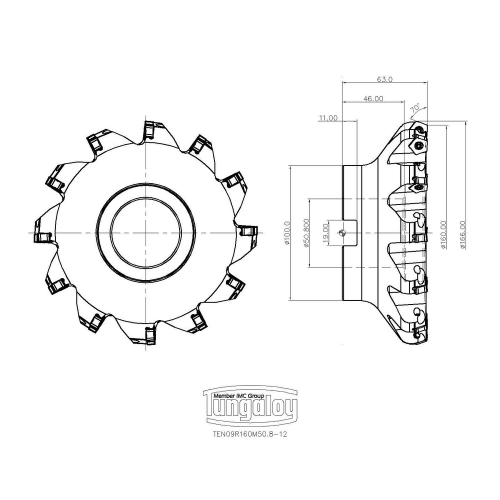 Tungaloy 160mm Cut Dia, 2" Arbor Hole Dia, Indexable Square-Shoulder Face Mill - 6860130