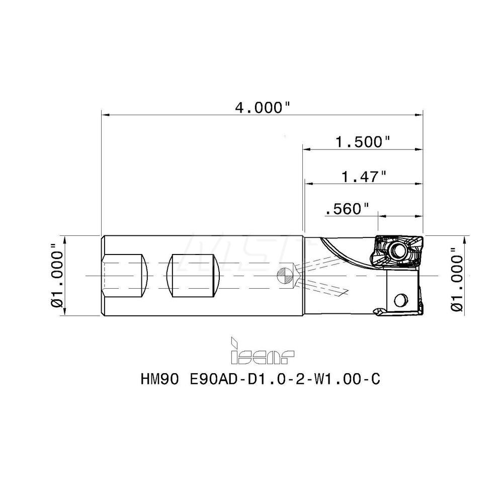 Iscar Indexable Square-Shoulder End Mill: HM90 E90AD-D1.0-2-W1.0, 1" Cut Dia, 0.56" Max Depth of Cut, 1" Dia Weldon Flat Shank - 3101764