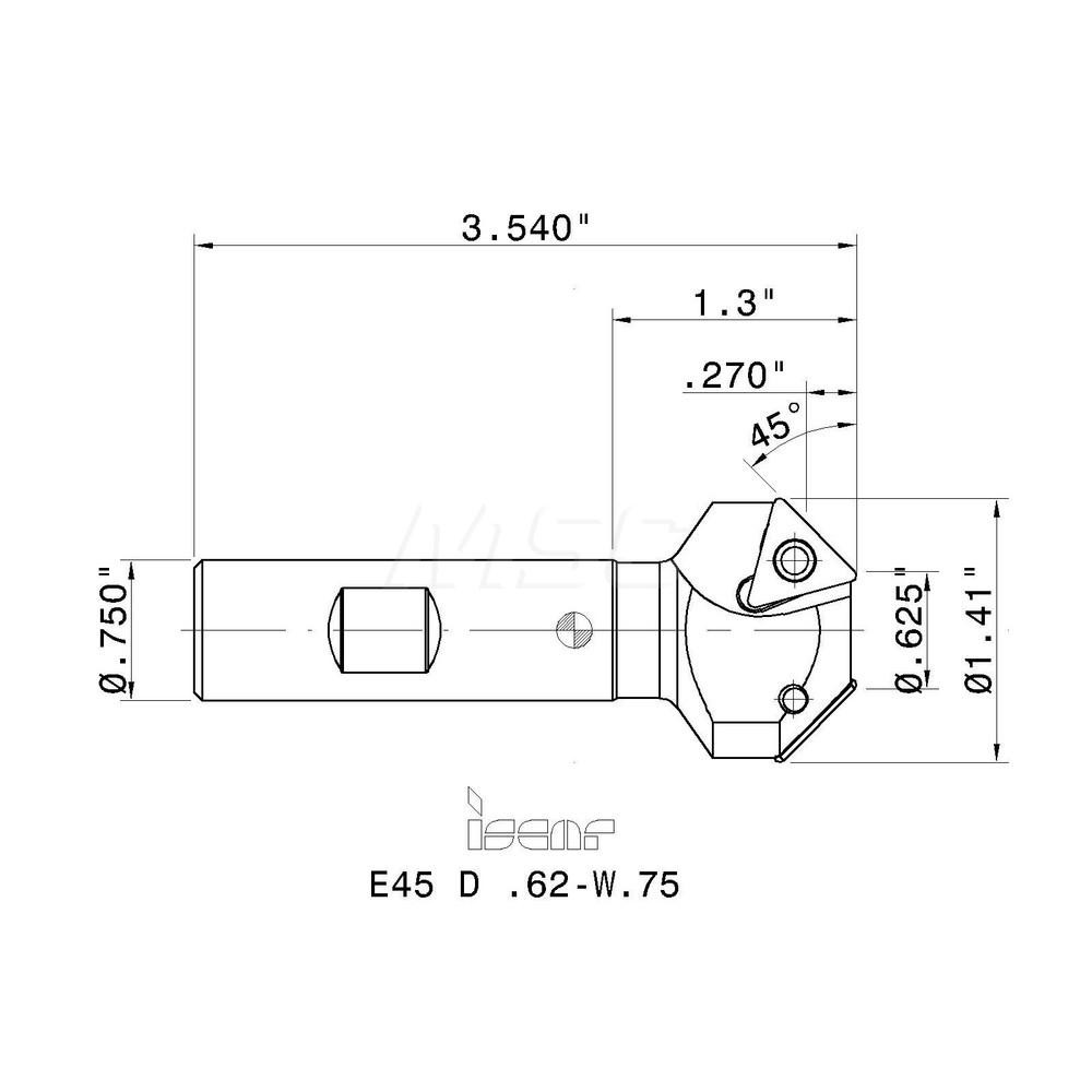 Iscar 45° Lead Angle, 5/8" to 1.41" Cut Dia, 3/4" Shank Dia, Indexable & Chamfer End Mill - 3110004