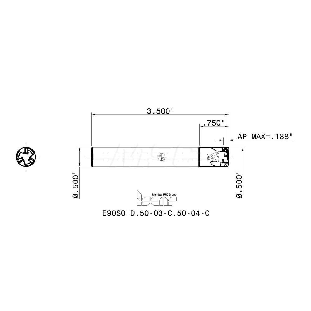 Iscar Indexable Square-Shoulder End Mill: E90SO D.5003C.5004C, 1/2" Cut Dia, 3.5 mm Max Depth of Cut, 1/2" Dia Cylindrical Shank - 3340331