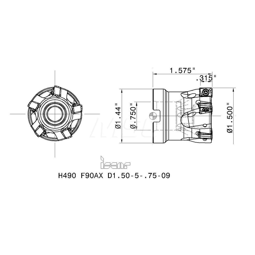 Iscar 1-1/2" Cut Dia, 3/4" Arbor Hole Dia, 0.315" Max Depth, Indexable Square-Shoulder Face Mill - 3105898