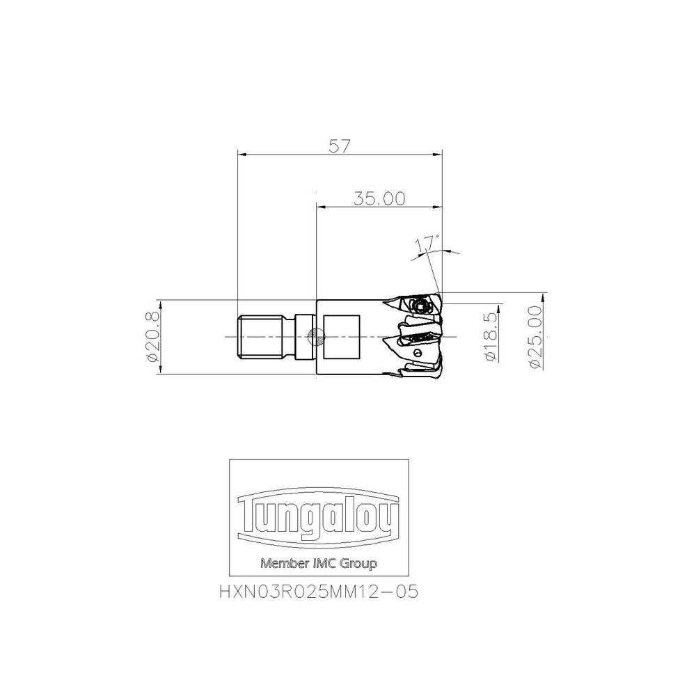 Tungaloy Indexable High-Feed End Mill: HXN03R025MM12-05, 25.00 mm Cut Dia, Modular Connection Shank - 6990877