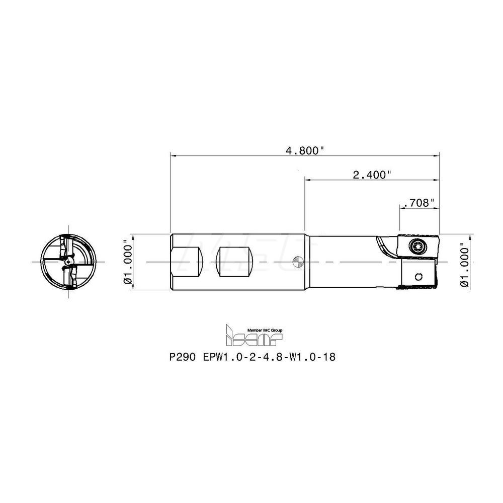 Iscar Indexable Square-Shoulder End Mill: P290EPW10024.8W10018, 1" Cut Dia, 0.708" Max Depth of Cut, 1" Dia Weldon Flat Shank - 3110826