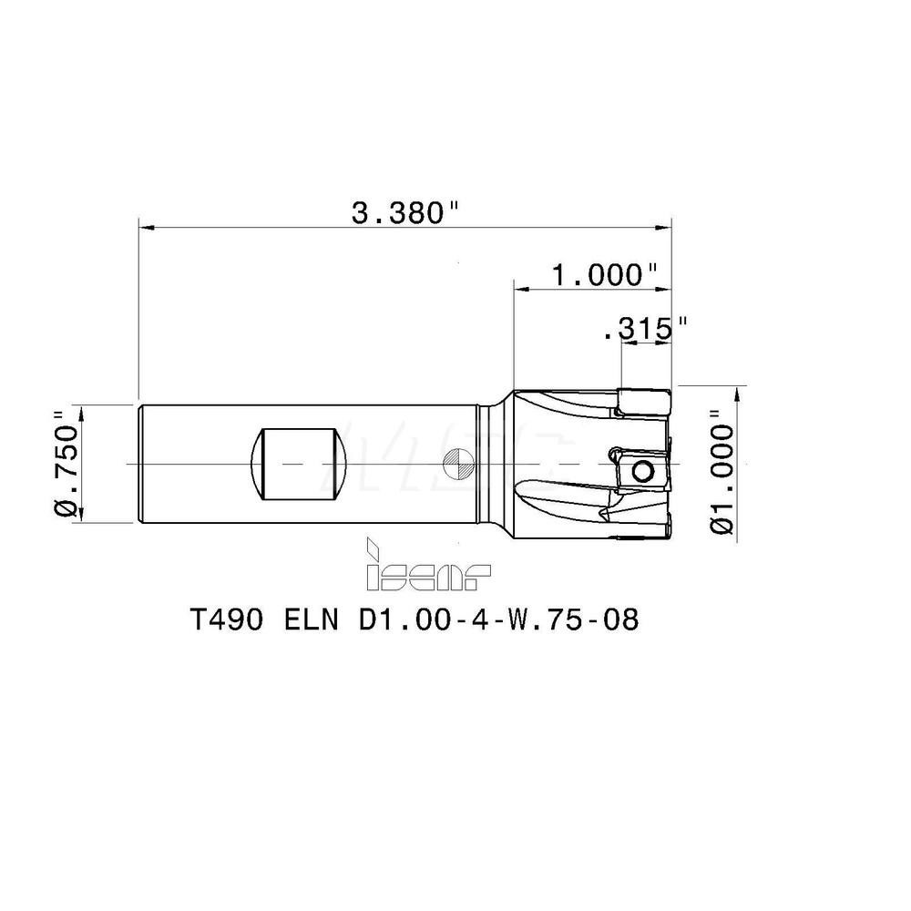 Iscar Indexable Square-Shoulder End Mill: T490ELND1.004W.7508, 1" Cut Dia, 0.315" Max Depth of Cut, 3/4" Dia Weldon Flat Shank - 3105589