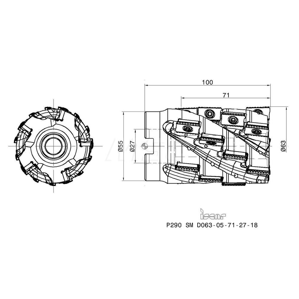 Iscar 63mm Cut Dia, 27mm Arbor Hole Dia, 71mm Max Depth, Indexable Square-Shoulder Face Mill - 3110783