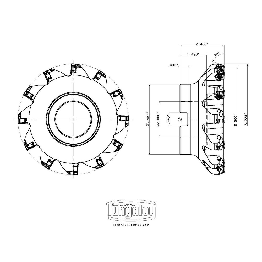 Tungaloy 6" Cut Dia, 2" Arbor Hole Dia, Indexable Square-Shoulder Face Mill - 6892227