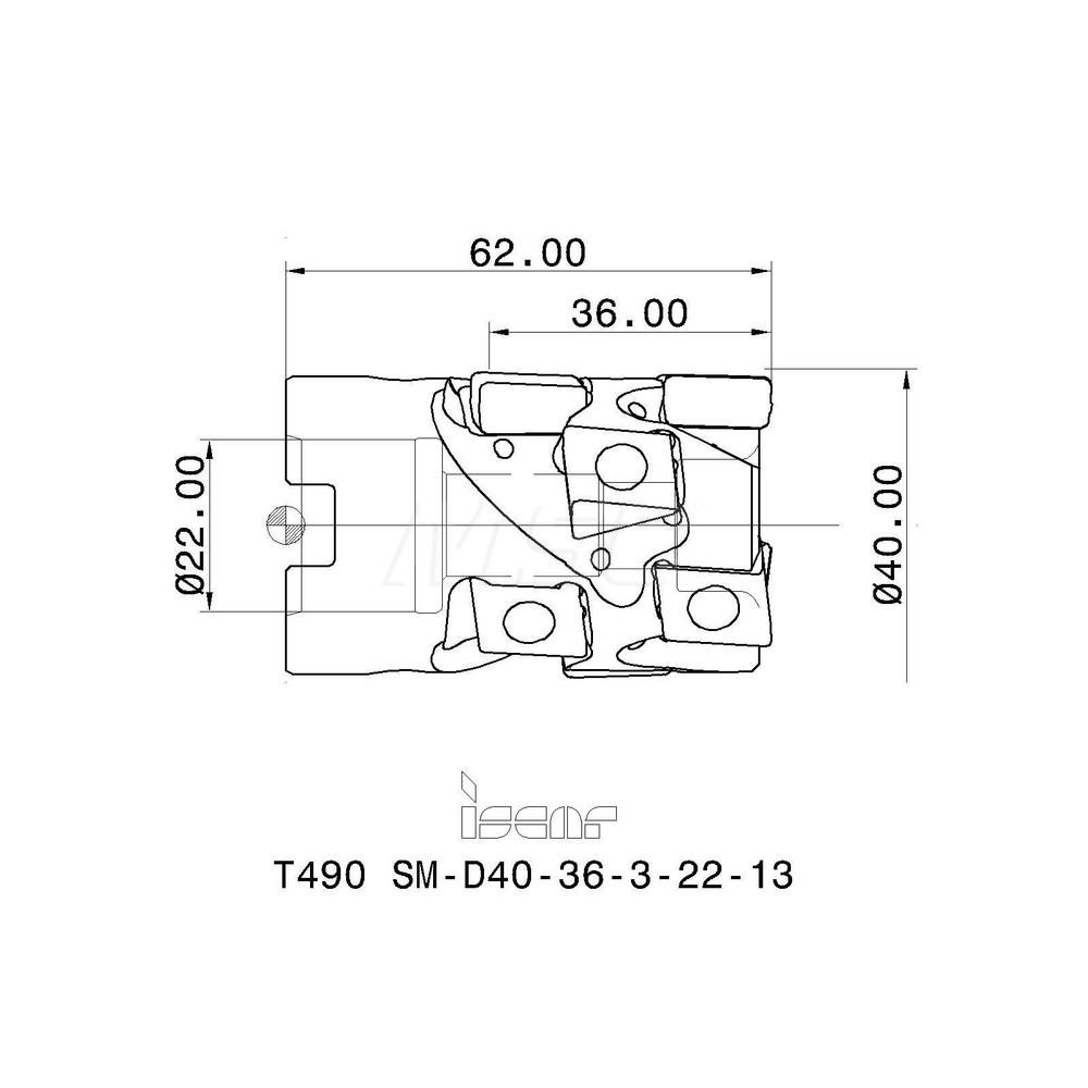 Iscar 40mm Cut Dia, 22mm Arbor Hole Dia, 36mm Max Depth, Indexable Square-Shoulder Face Mill - 3105097