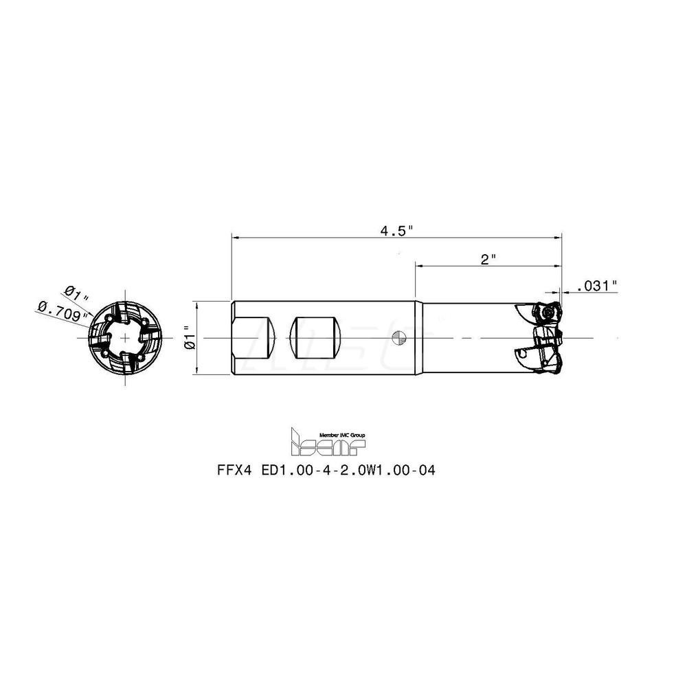 Iscar Indexable High-Feed End Mill: FFX4ED1.0042.0W1.0004, 1" Cut Dia, 1" Shank Dia, Weldon Flat Shank - 3336698