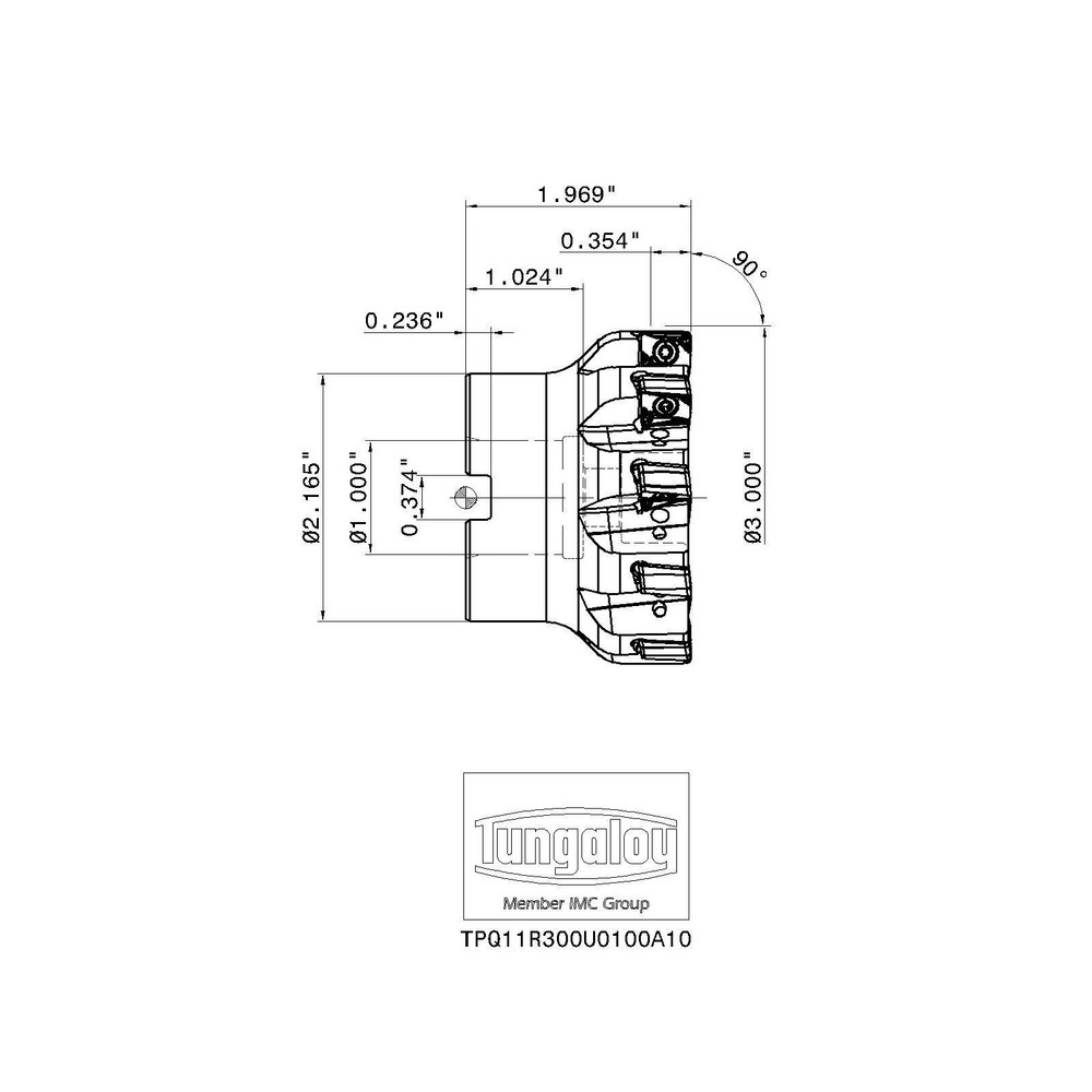Tungaloy 3" Cut Dia, 1" Arbor Hole Dia, 0.354" Max Depth, Indexable Square-Shoulder Face Mill - 6861313