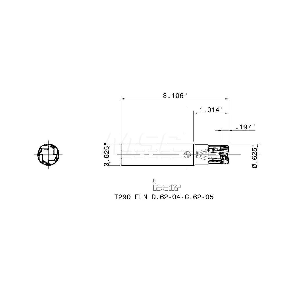 Iscar Indexable Square-Shoulder End Mill: T290ELND.6204C.6205, 5/8" Cut Dia, 0.197" Max Depth of Cut, 5/8" Dia Cylindrical Shank - 3105239