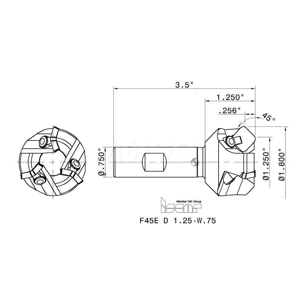 Iscar 45° Lead Angle, 1-1/4" to 1.8" Cut Dia, 3/4" Shank Dia, Indexable & Chamfer End Mill - 3100023