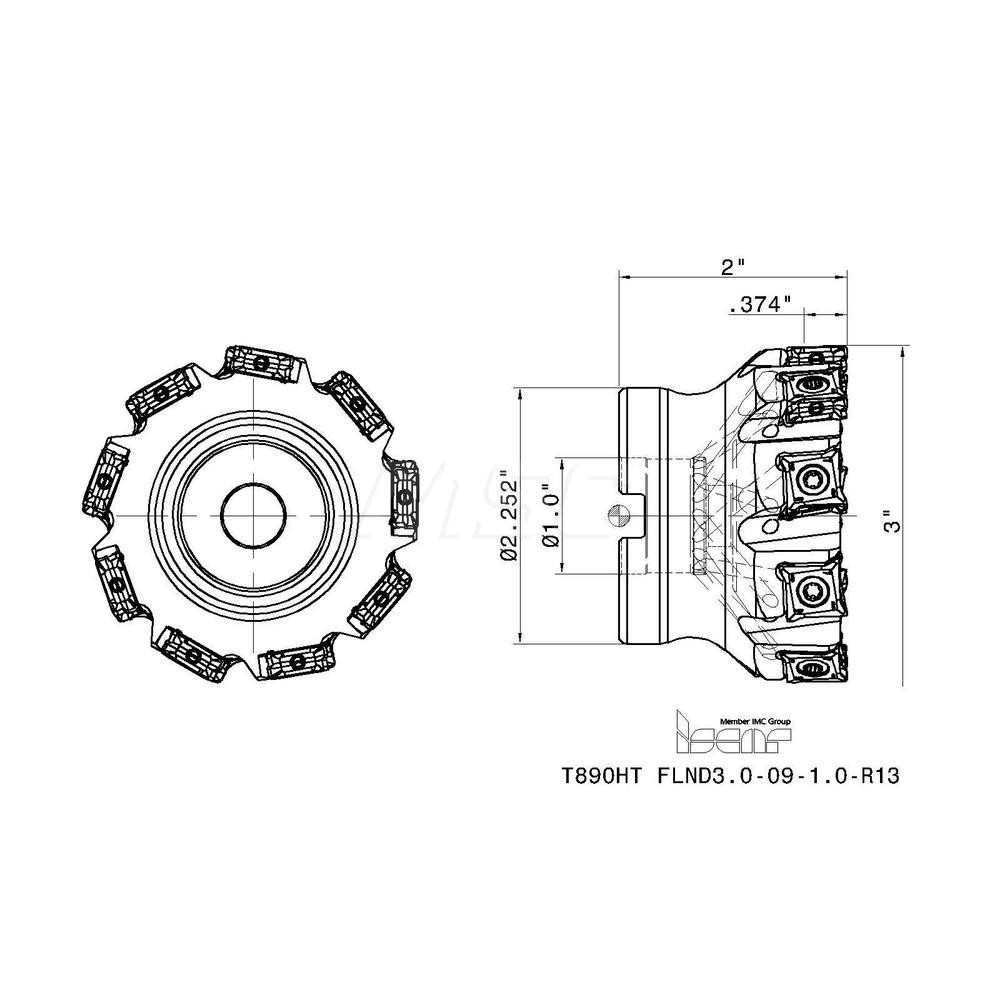 Iscar Indexable Square-Shoulder Face Mill:  T890HT FLND3.0091.0R13,  3'' Cut Dia,  1.0000" Arbor Hole Dia,  0.3740" Max Cutting Depth - 3332802