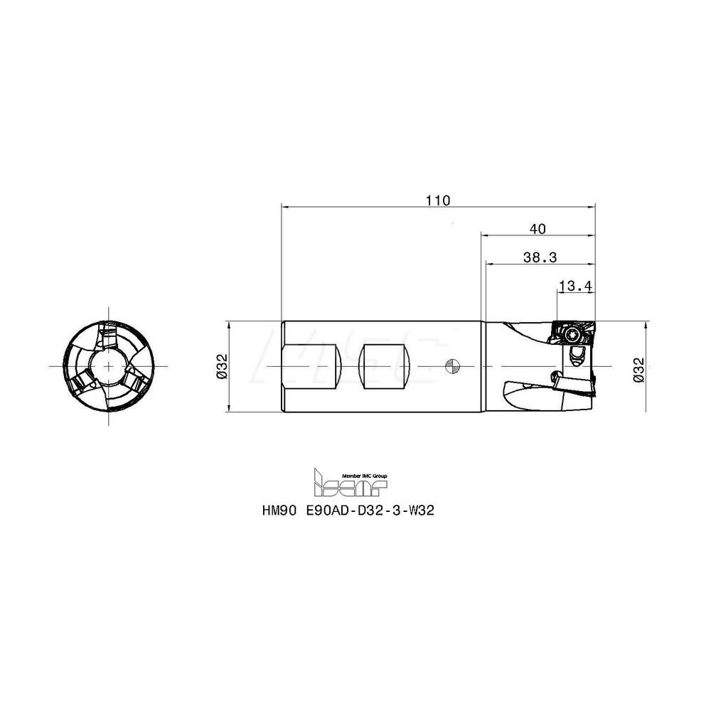 Iscar Indexable Square-Shoulder End Mill: HM90 E90AD-D32-3-W32, 32 mm Cut Dia, 14.3 mm Max Depth of Cut, 32 mm Dia Weldon Flat Shank - 3101865