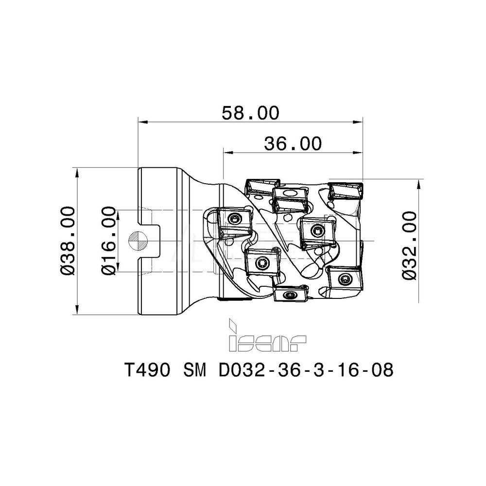 Iscar 32mm Cut Dia, 16mm Arbor Hole Dia, 36mm Max Depth, Indexable Square-Shoulder Face Mill - 3106409