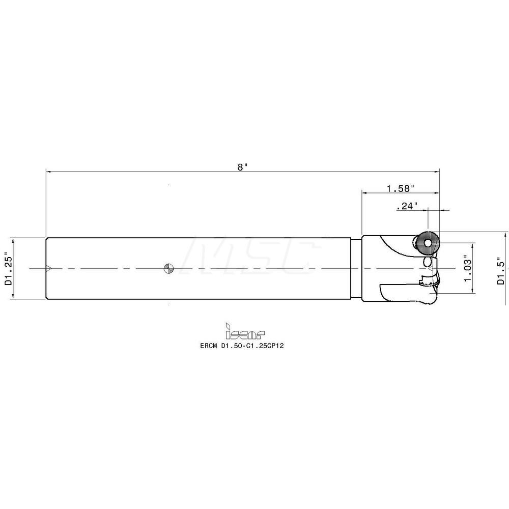 Iscar Indexable Square-Shoulder End Mill: ERCM D1.50-C1.25CP12, 1-1/2" Cut Dia, 0.24" Max Depth of Cut, 1-1/4" Dia Cylindrical Shank - 3101342