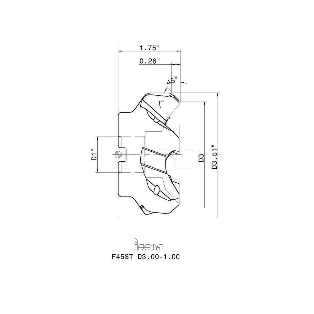 Iscar 3" Cut Dia, 1" Arbor Hole, 0.26" Max Depth of Cut, 45° Indexable Chamfer & Angle Face Mill - 3100368