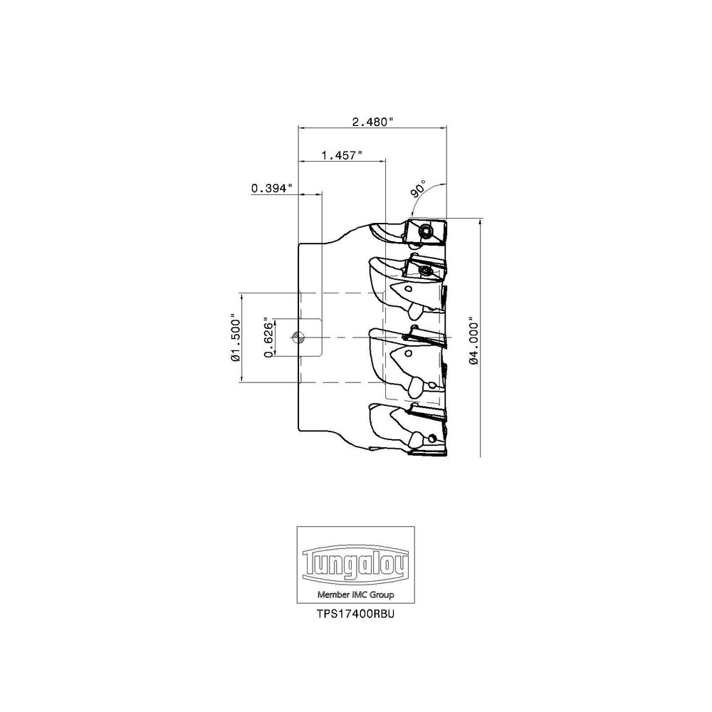 Tungaloy 4" Cut Dia, 1-1/2" Arbor Hole Dia, 0.63" Max Depth, Indexable Square-Shoulder Face Mill - 6852373