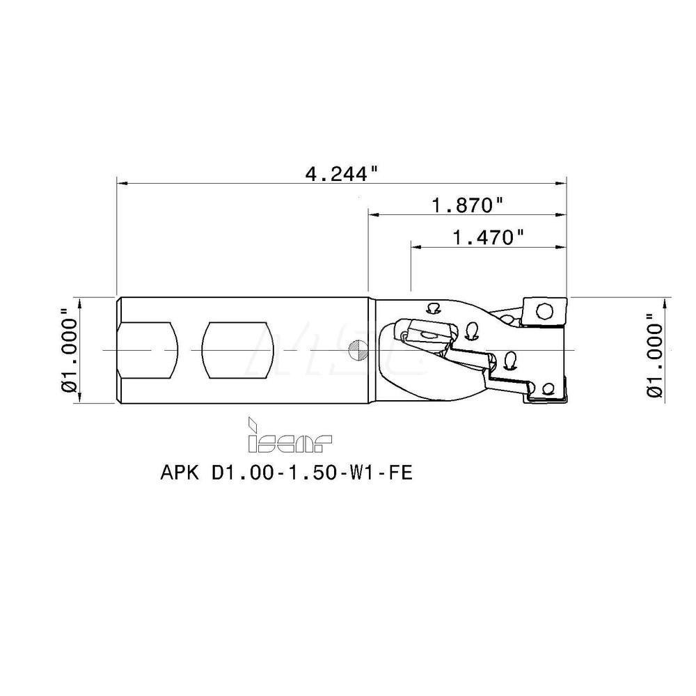 Iscar Indexable Square-Shoulder End Mill: APK-D1.00-1.50-W1.00FE, 1" Cut Dia, 1.47" Max Depth of Cut, 1" Dia Weldon Flat Shank - 3100274