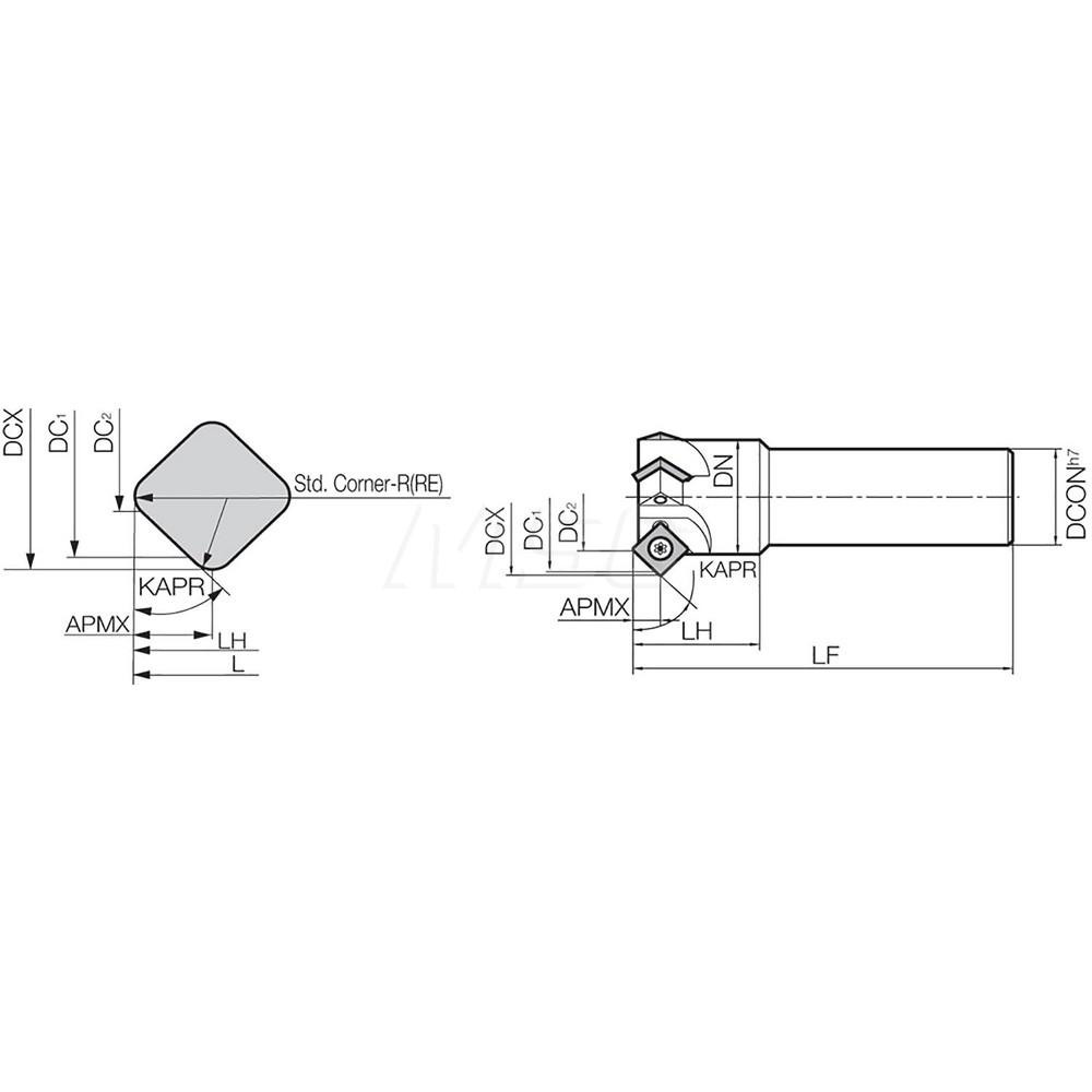 Kennametal 60° Lead Angle, 1.2598" to 2.0472" Cut Dia, 1.2598" Shank Dia, Indexable & Chamfer End Mill - 1024604