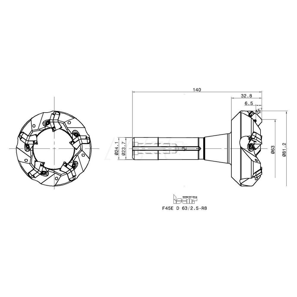 Iscar 45° Lead Angle, 2.4803" to 3.1969" Cut Dia, R8 Indexable & Chamfer End Mill - 3100048