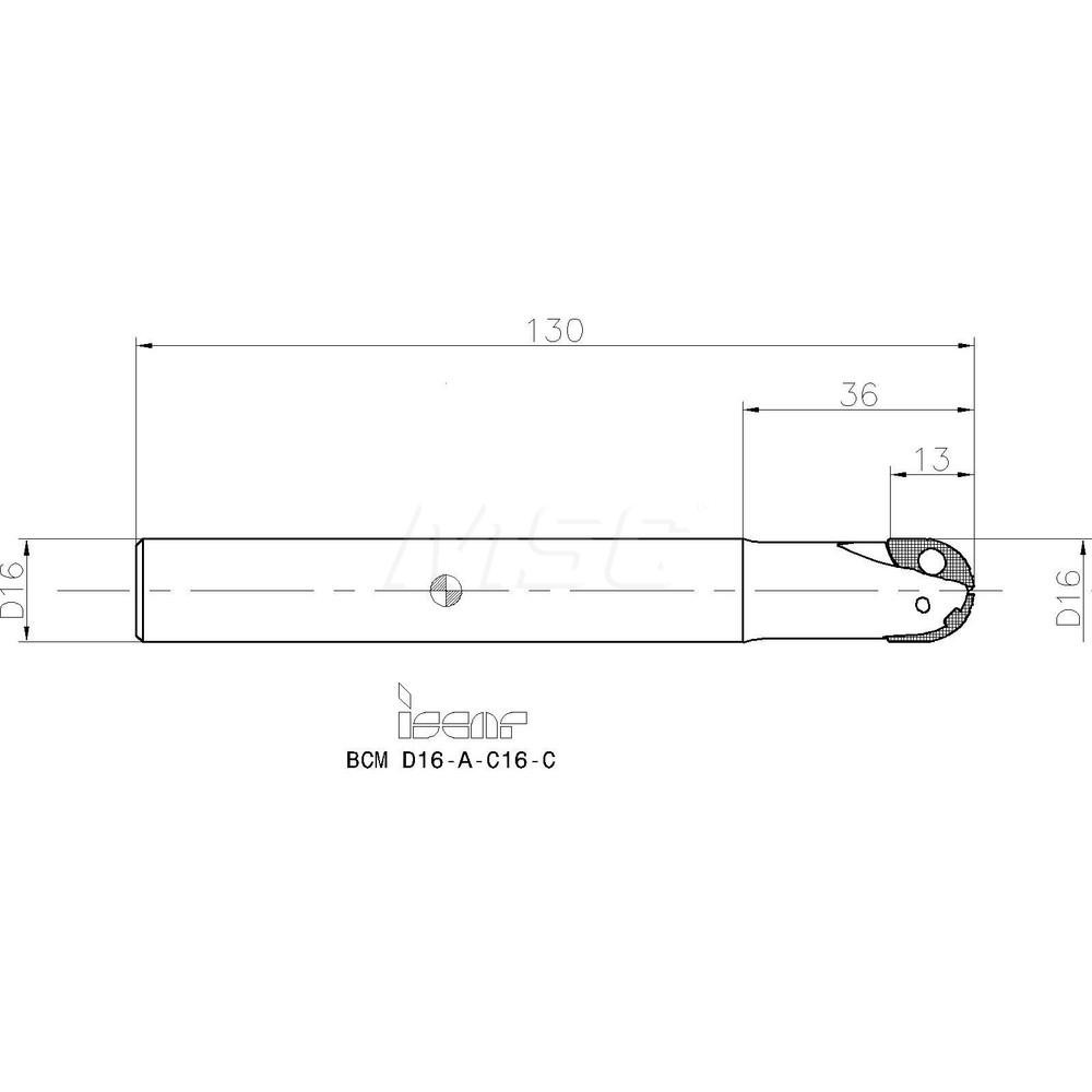 Iscar Indexable Ball Nose End Mill: 16 mm Cut Dia, Solid Carbide, 130 mm OAL - 3103431