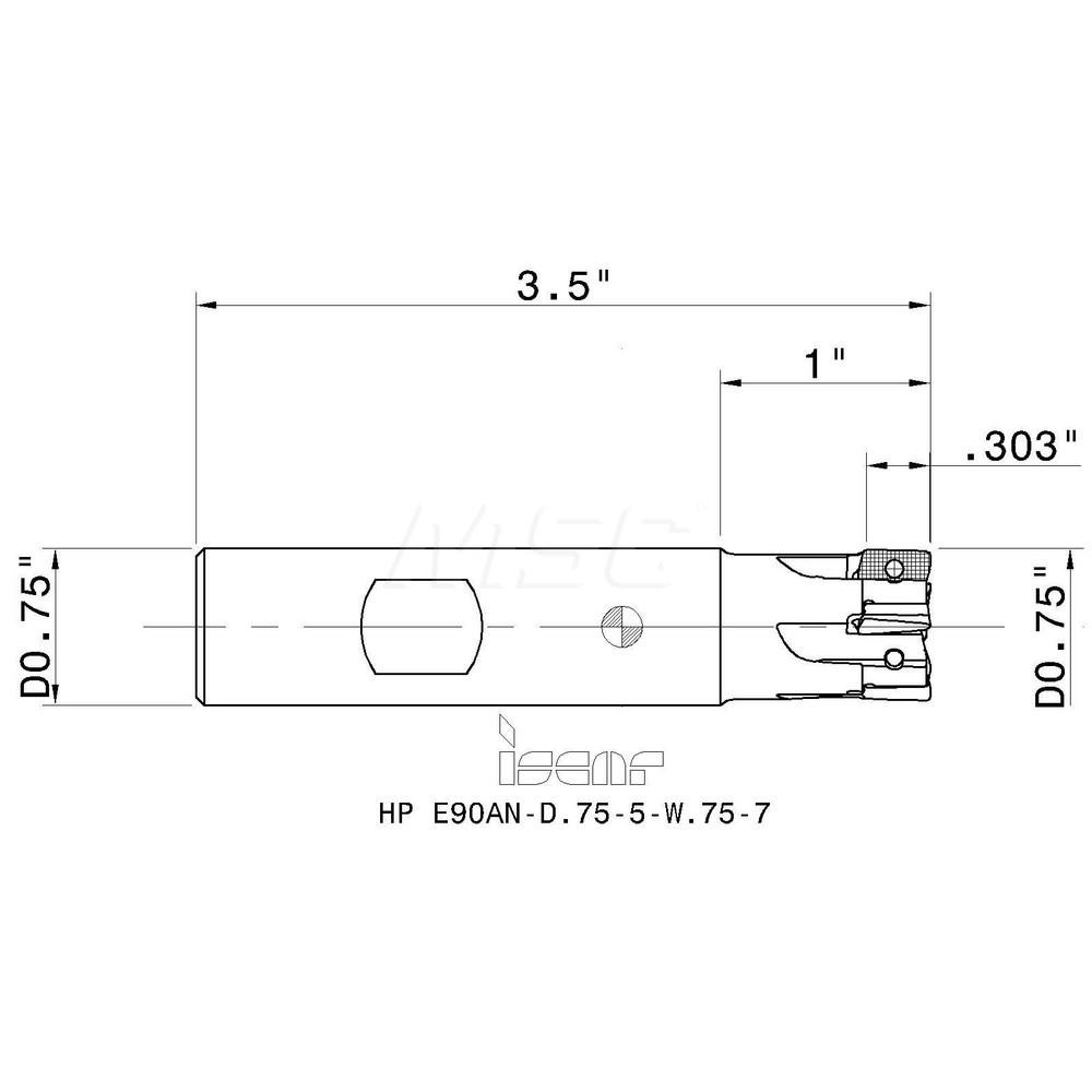 Iscar Indexable Square-Shoulder End Mill: HP E90AN-D.75-5-W.75-7, 3/4" Cut Dia, 0.303" Max Depth of Cut, 3/4" Dia Weldon Flat Shank - 3103899