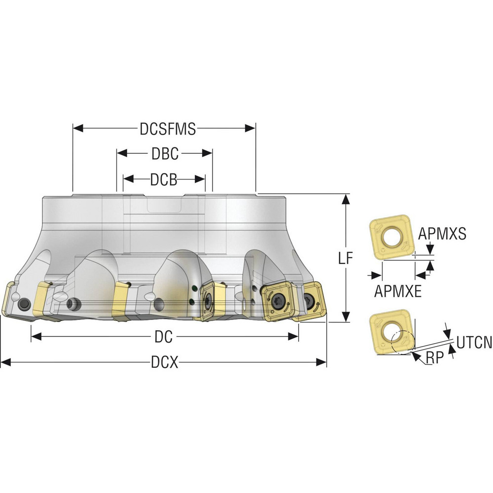 Seco Indexable High-Feed Face Mill: 4.83 to 6" Cut Dia, 2" Arbor Hole - 10097590