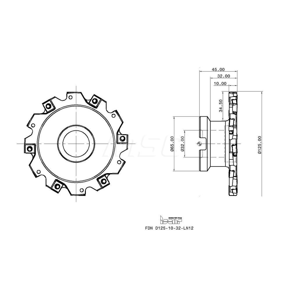 Iscar Indexable Slotting Cutter: 12.00 mm Cutting Width, 125.00 mm Cutter Dia, Shell Mount B Connection, 34.50 mm Depth of Cut, 34.50 mm Depth of Cut, 32.00 mm Shank Dia - 3102985