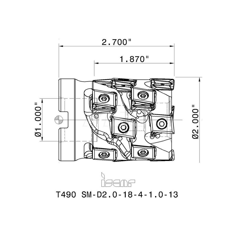 Iscar 2" Cut Dia, 1" Arbor Hole Dia, 1.87" Max Depth, Indexable Square-Shoulder Face Mill - 3105093