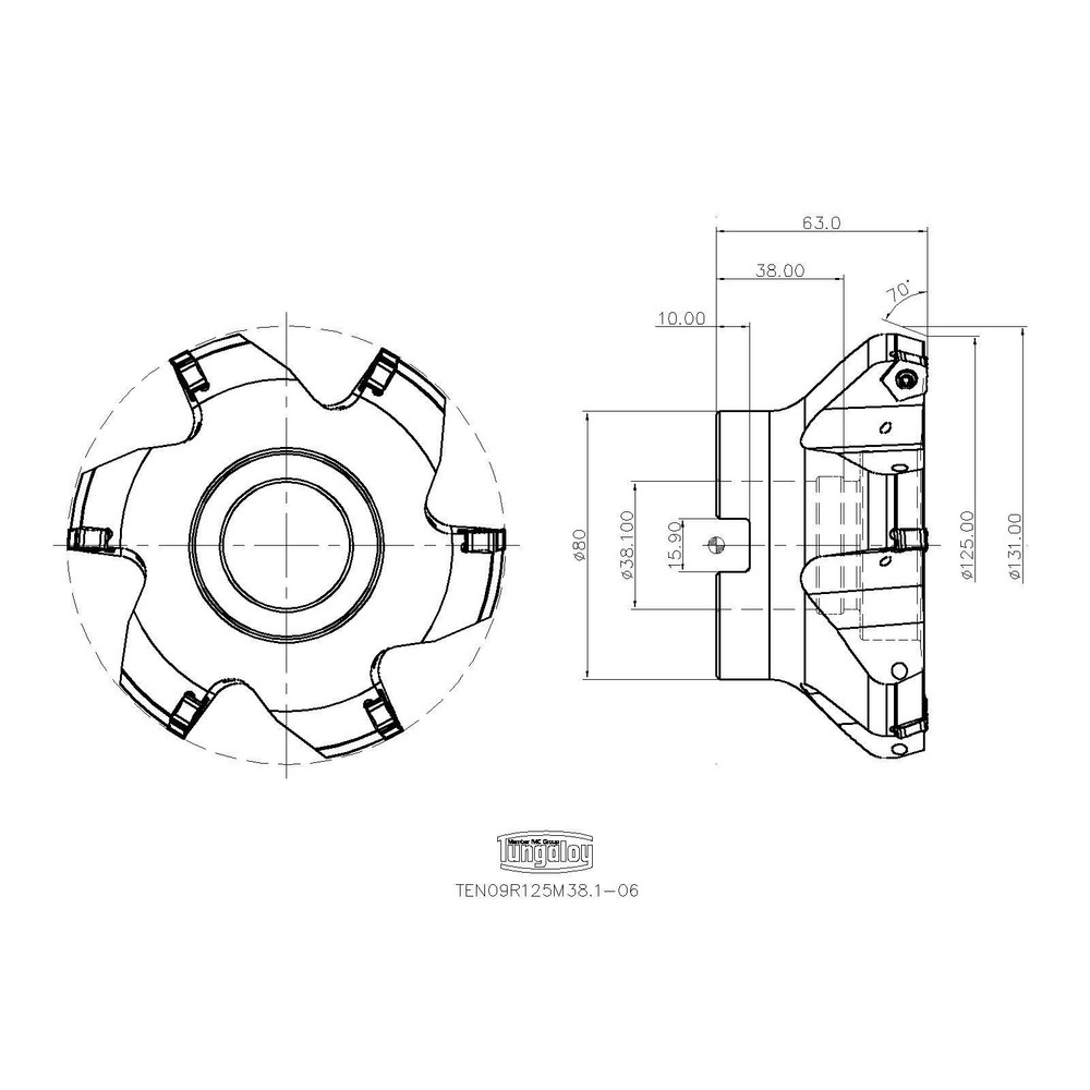 Tungaloy 125mm Cut Dia, 1-1/2" Arbor Hole Dia, Indexable Square-Shoulder Face Mill - 6860056